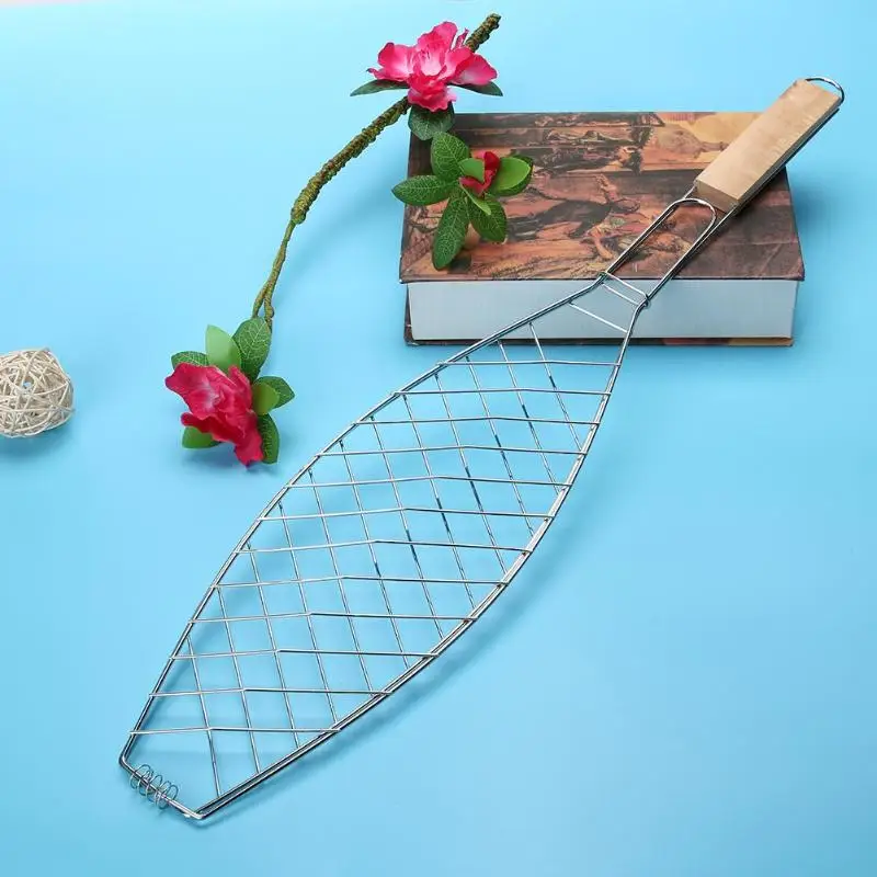 

Barbecue mesh Camping barbecue grill Clip folder single grill meat fish vegetables barbecue tool wood handle hinged basket for B