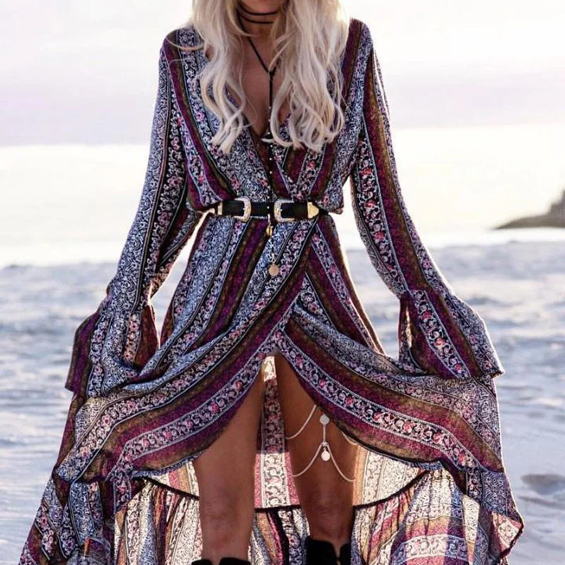 

New Womens Flared Sleeve Summer Beach Long Maxi Dress Floral Print Party Dress