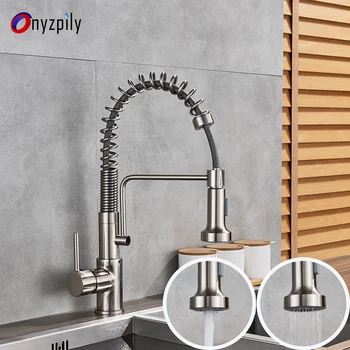 

Brushed Nickle Brass Basin Kitchen Faucet Sink Mixer Tap Spring Pull Out Swivel Spout Dual Water Mode Mixer Bathroom Faucets