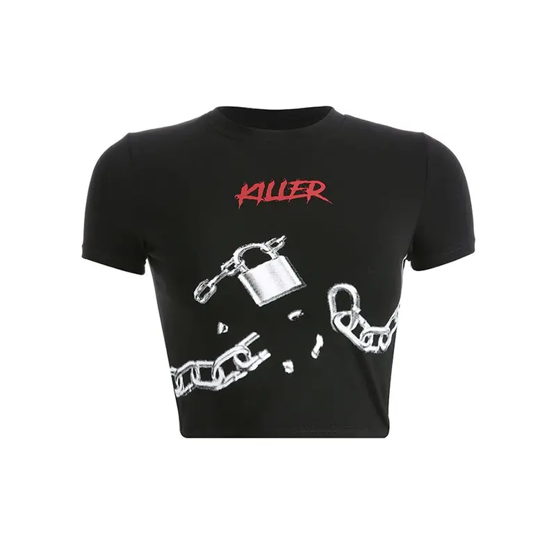 

Summer Cropped Tees Women Sexy Tops Harajuku Fashion Hot Gothic Letter Print Black Slim Streetwear 2019 New Goth Casual T Shirts