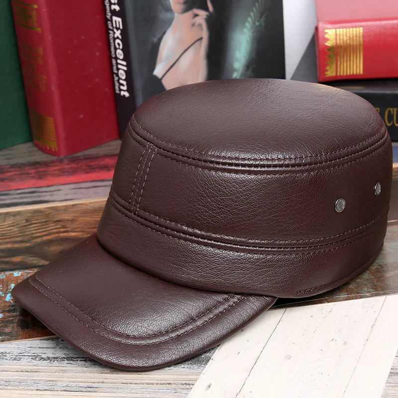 

Really Leather Hat Male Keep Warm Earmuffs Sheep Skin Flat Roof Service Cap Outdoors Peaked Cap 3 Color