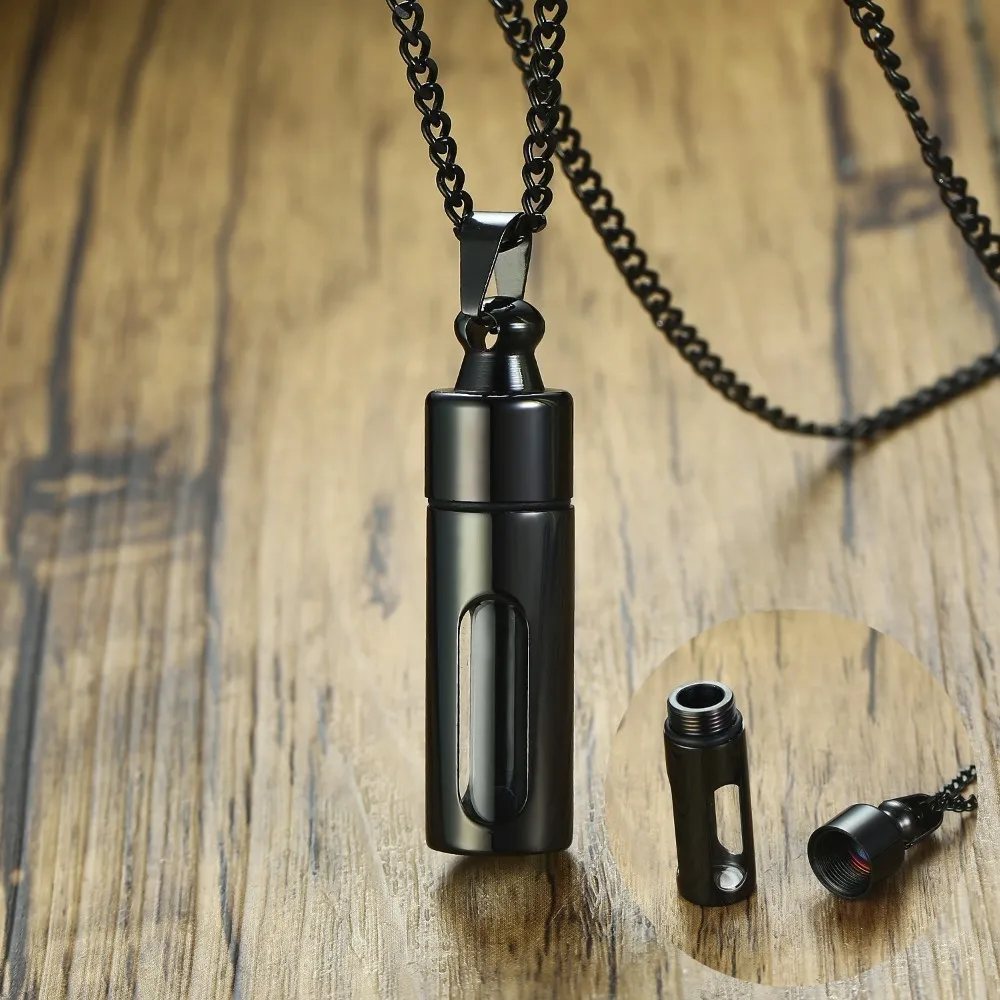 

Black Essential Oil Bottle Stainless Steel Pendant NecklaceThe Oily Amulet Aromatherapy Male Urn choker Jewelry