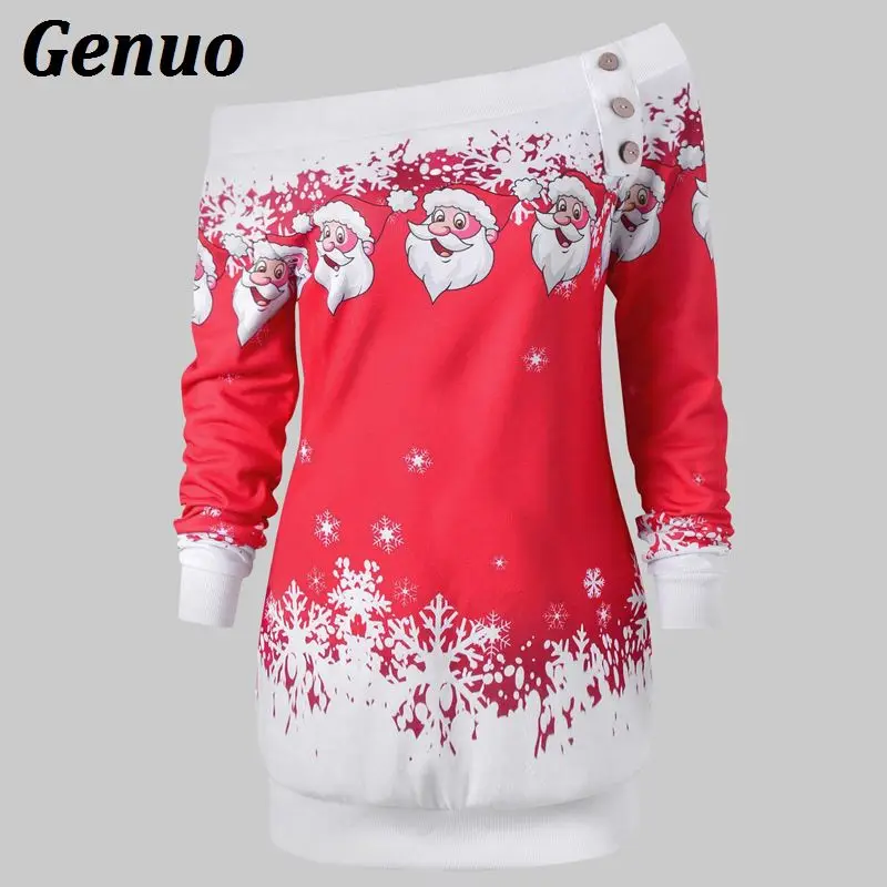 Genuo Для женщин зимние толстовки с капюшоном толстовки Санта Клаус Рождество Снежинка печати хлопковые пуловеры джемпер Повседневные Топы