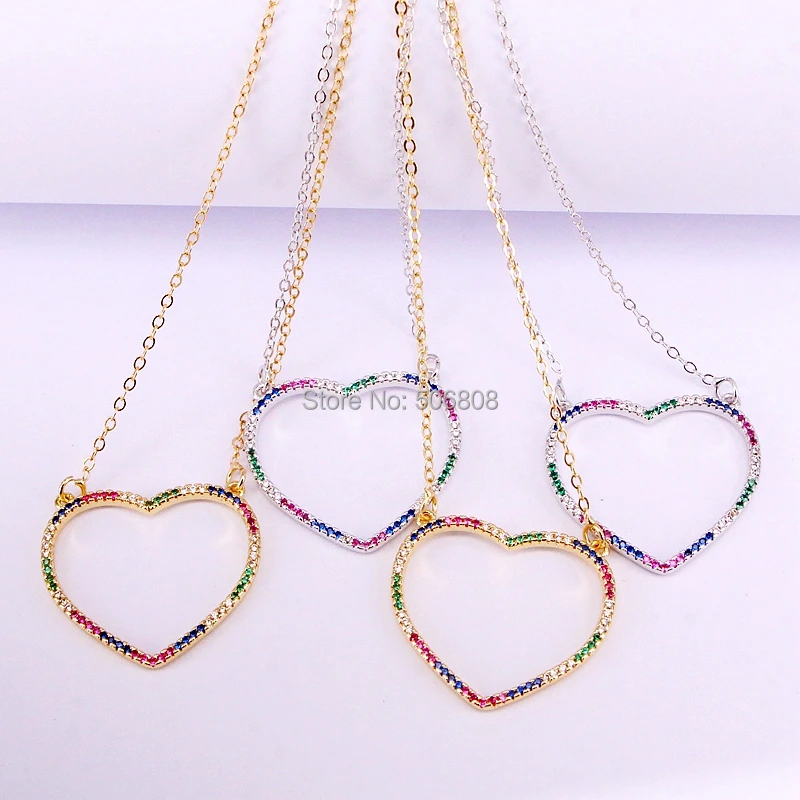 

6PCS, Gold/Silver color cz micro paved heart pendant necklace , sparking rainbow cz Heart pendant charms jewelry
