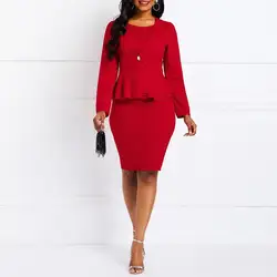 Весна 2019 для женщин костюмы офисная одежда Блейзер Пальто оборками Сексуальная Bodycon платья для Сплошной Красный 2 шт. платье к