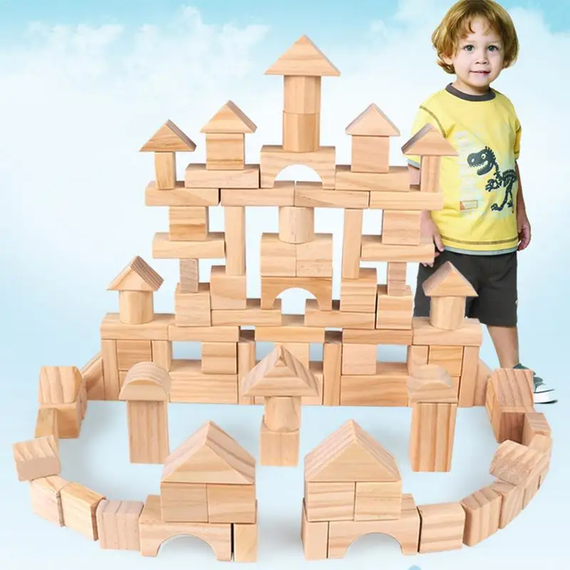 

2018 Wooden Children Heap up 100 Granule Gift Box - Natural Pine Wood Building tower Early Education Educational Toys