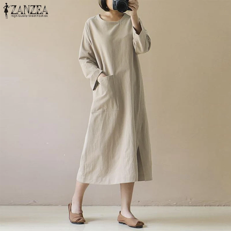 

2019 Autumn Winter Dress Women Long Shirt Dress ZANZEA Female Cotton Linen Vestidos Vintage Women Robe Sundress Kaftan Plus Size