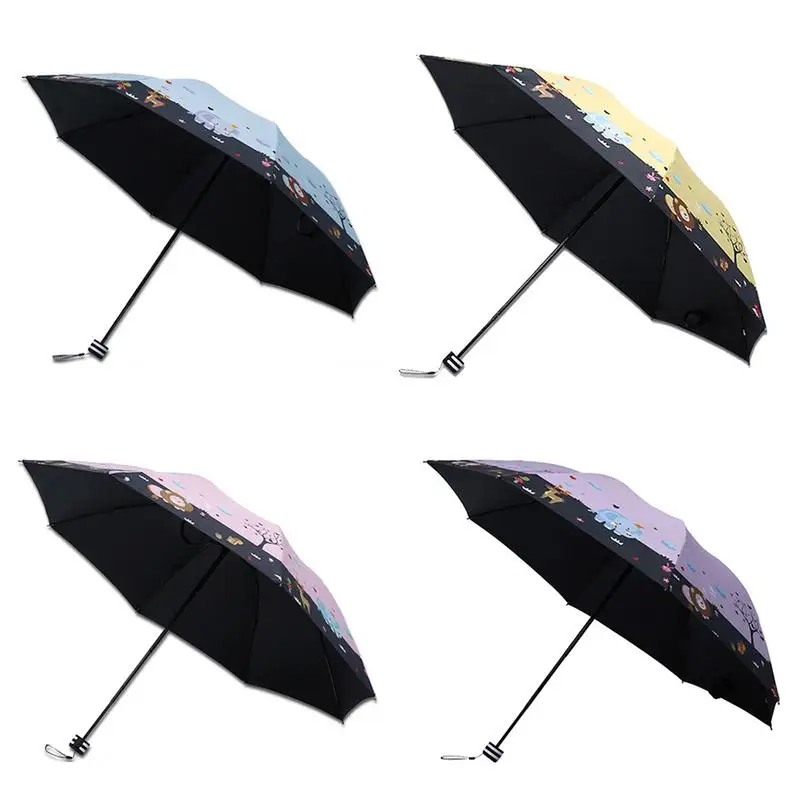 

Cartoon Animal Pattern Umbrella Sun Protection UV Black Plastic Rain And Rain Women's Tri-fold Umbrella