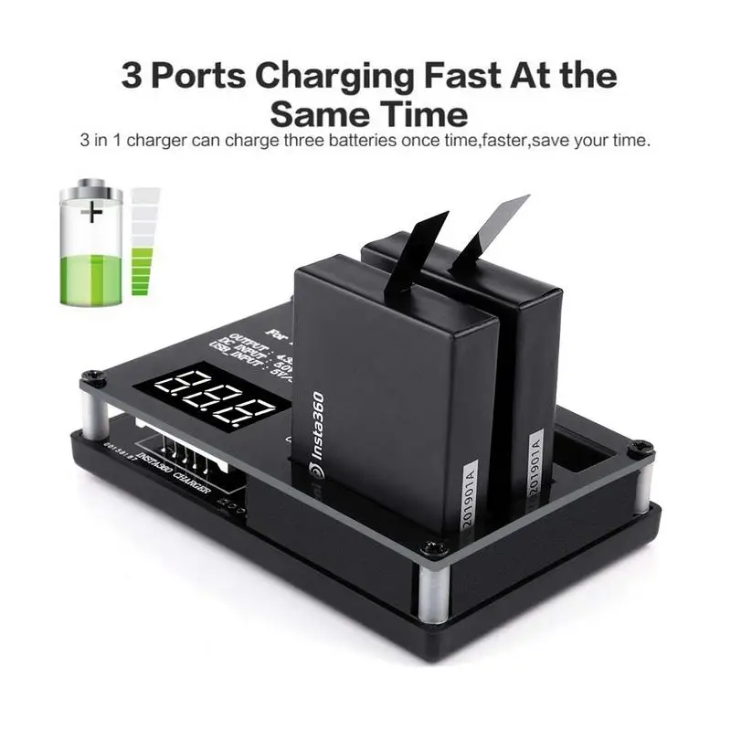 Черный для Insta360 One X to Three Charger Electric Charge с быстрой зарядкой и адаптером спортивной