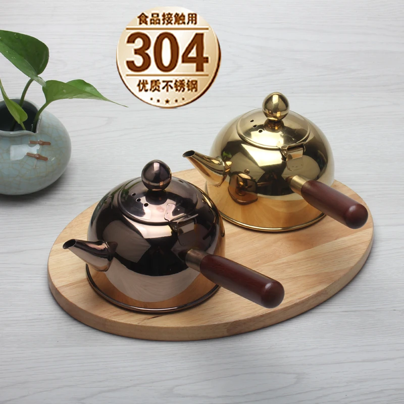 

Japanese single wooden handle 304 stainless steel kettle flat bottom side pot maker teapot cooking boil tea coffee pot teaware
