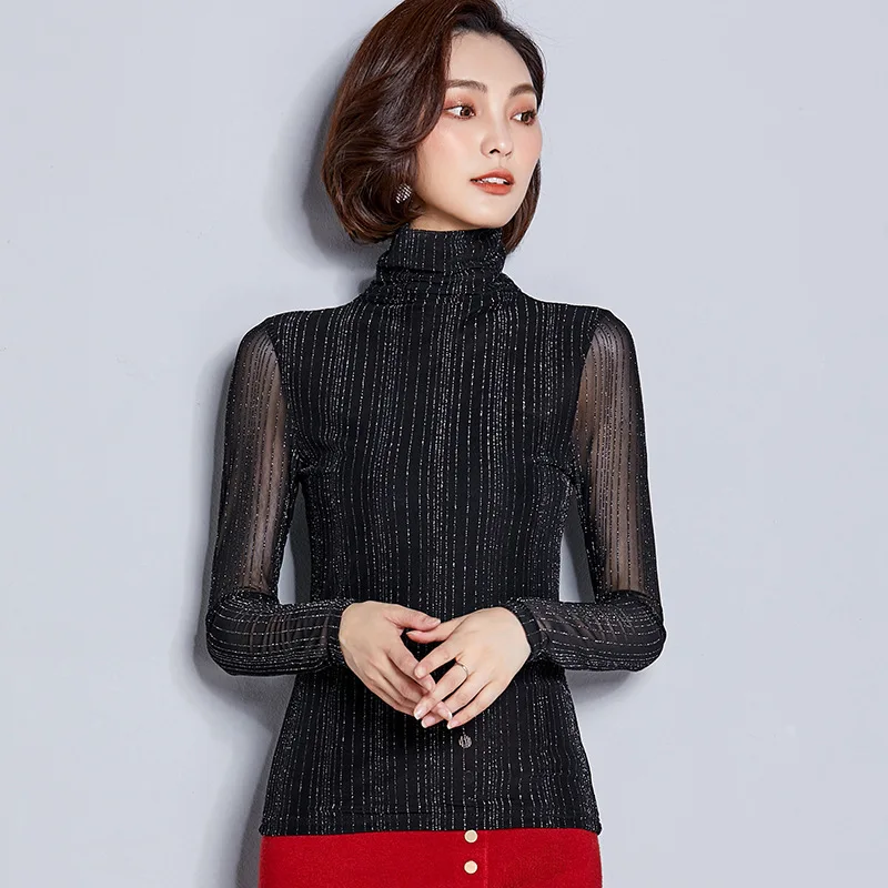 

#1638 Turtleneck Vertical Striped T Shirt With Sequins Slim Thin Perspective Long Sleeve Office Elegant Lurex Top Femme M-4XL
