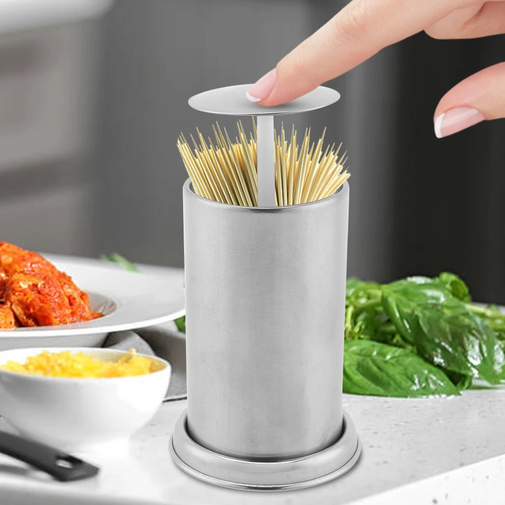 

Stainless Steel Press Toothpick Box Hotel Restaurant Home Desk Decor Cotton Swab Storage Container Toothpick Dispenser