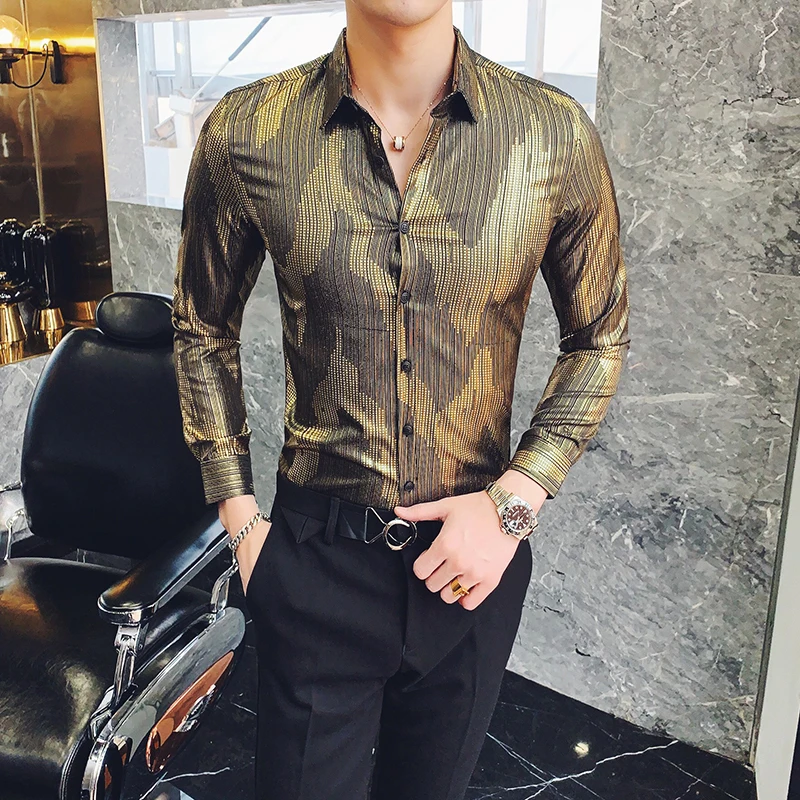 Luxury Gold Printed Dress Shirts Camisa MasculinaRopa De Hombre Casual ...