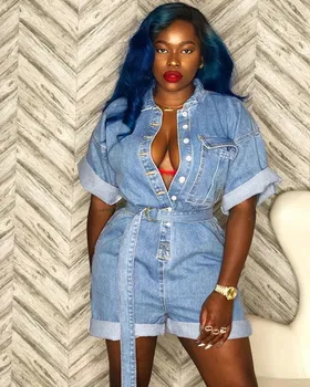 

Summer Deep V Neck Wide Leg Rompers Women Turn-Down Collar Short Sleeve Casual Denim Jumpsuits Sashes Jean Solid Overalls