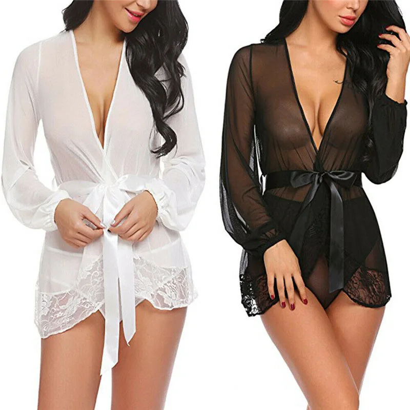 

Sexy Lace V-Neck Lingerie Sleepwear Women Ladies Erotic Hot Nightgown Underwear Night Dress With G-string Camisola
