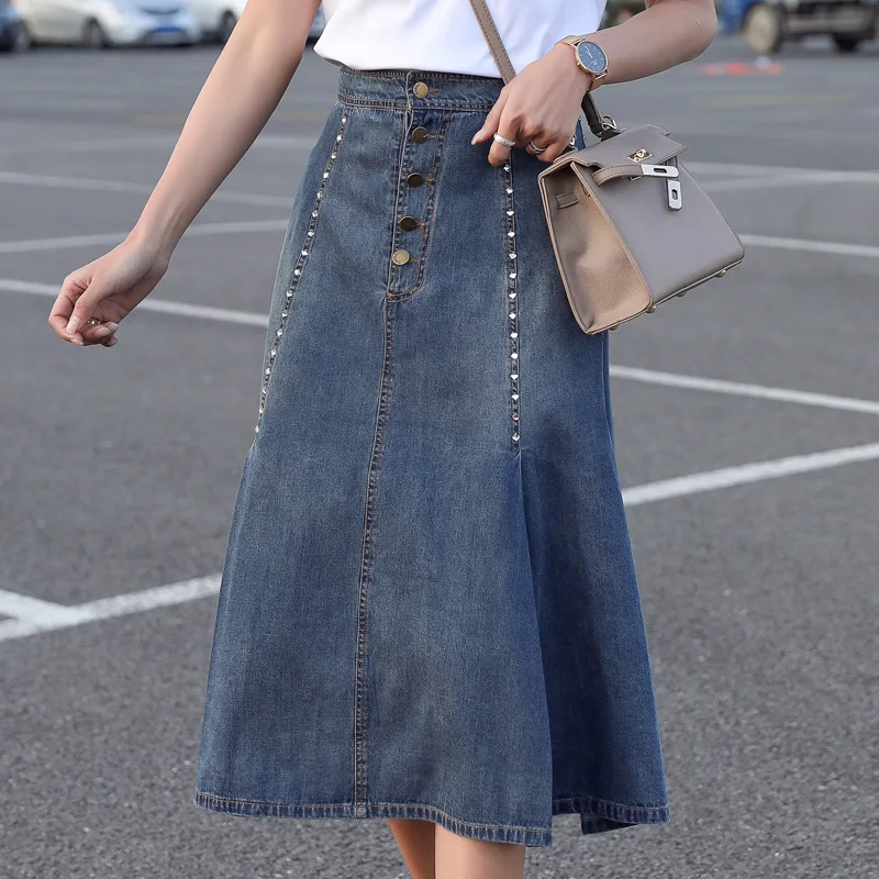 

2019 new summer fashion and personality trend in waist long splicing in the denim dress jeans