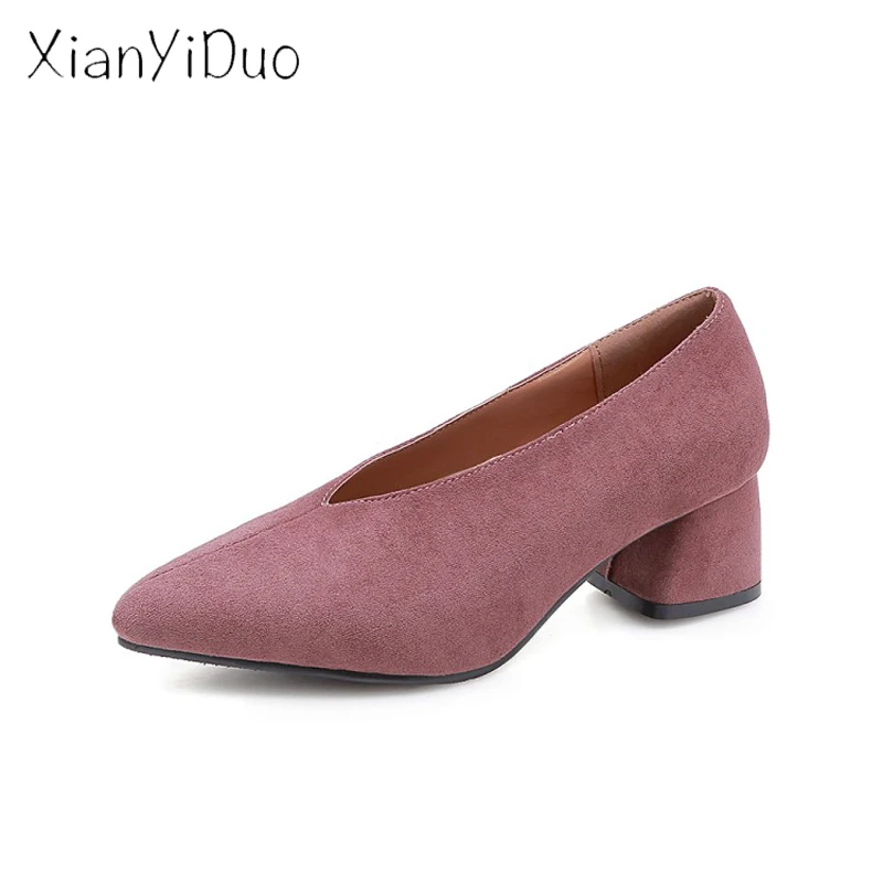 

2019 Spring new flock Casual Fashion Slingbacks Retro Women's Shoes Pointed Toe Middle Heel Block Pumps pink big size 34-48 /A-3