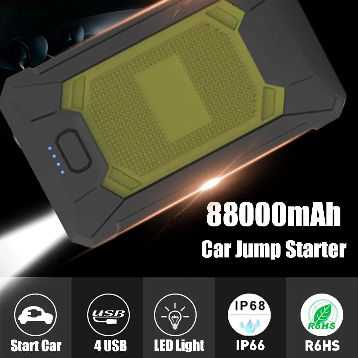 Multifunction Car Jump Starter 88800mAh 5V 600A 4 USB LED Portable Slim Emergency Power Bank Battery IP66 Waterproof Dustproof