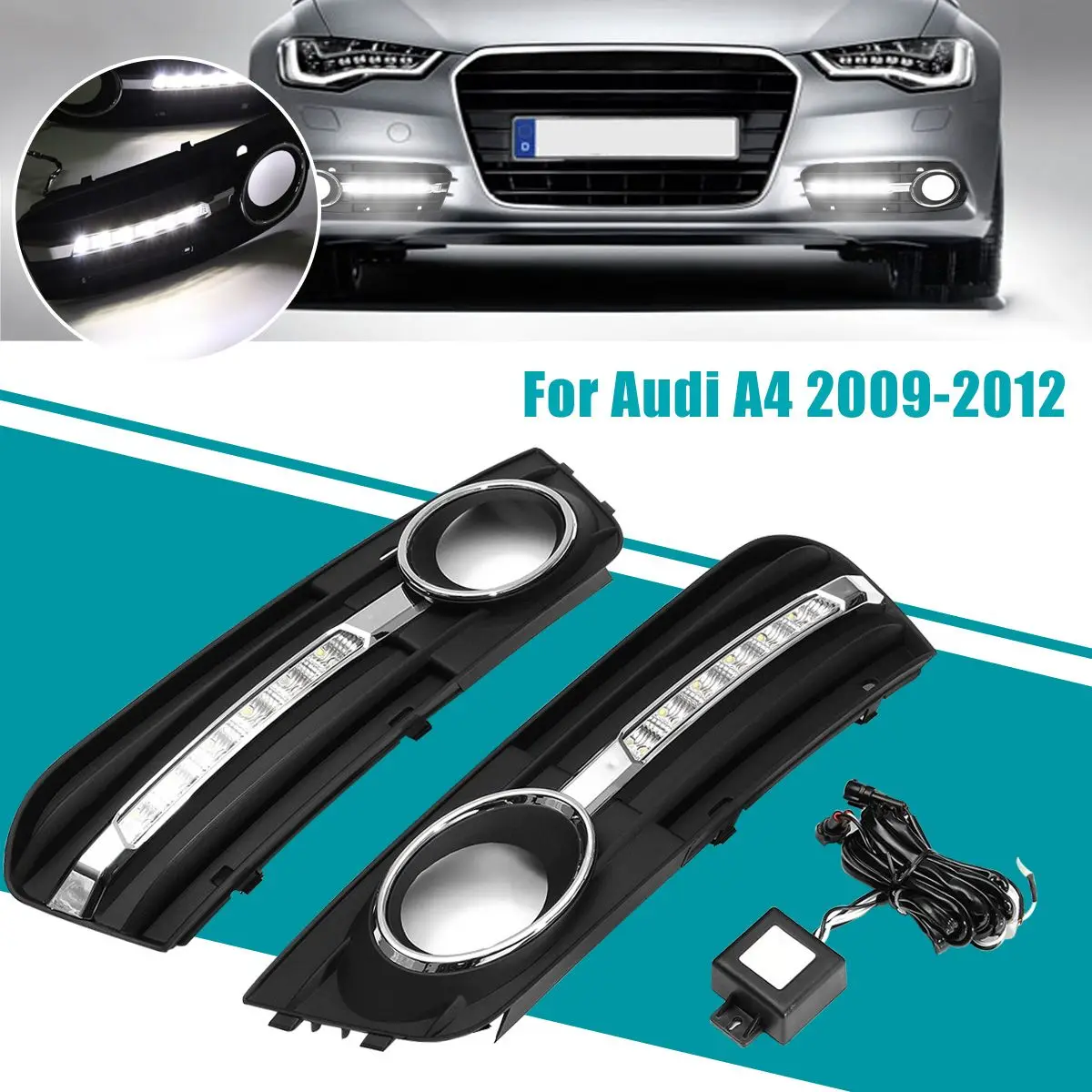 

Pair Front Bumper DRL Daytime Running Light LED Fog Lamps Insert Grill Covers for Audi A4 2009 2010 2011 2012