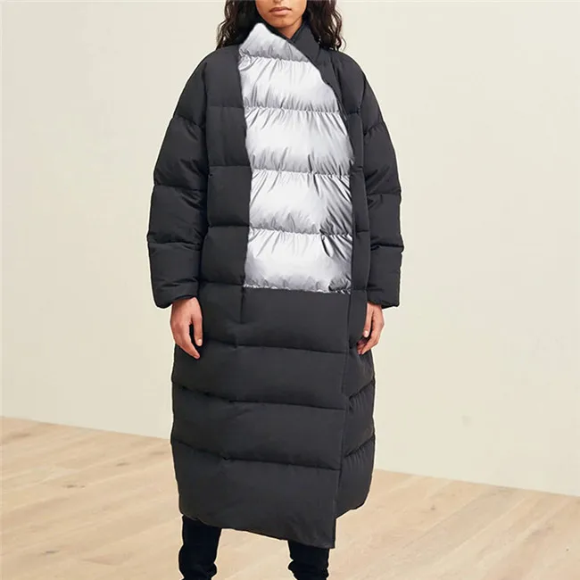 

Women Elegant Long Warm Cotton Padded Jacket Puffy High Quality Spliced Overcoat Stand Collar Parka female Winter Outerwear 2019