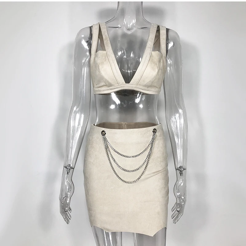 Женское зимнее сексуальное Бандажное платье NewAsia из замши с глубоким v-образным вырезом, комплект из двух предметов, мини-платье для ночного клуба, открытые вечерние платья, комплект из 2 предметов