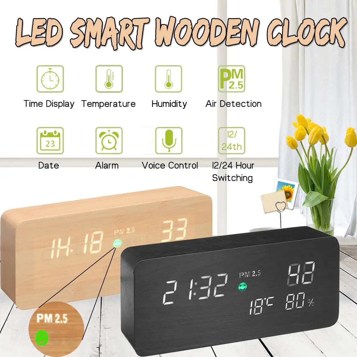 

Wooden LED PM 2.5 Air Detector Sound Control Digital Alarm Clock Calendar Temperature Humidity Air Quality Tester Gas Analyzer