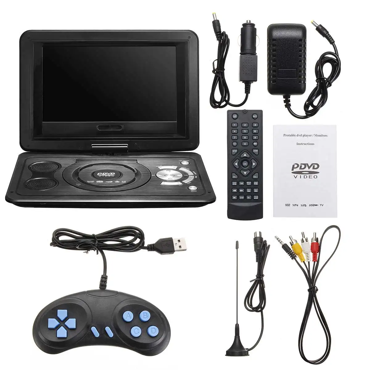 

13.9" Portable LCD Screen DVD Player USB FM Radio Receiver AV CD Speakers Game Player Mini TV+ 300 Games Joysticks Drop Ship