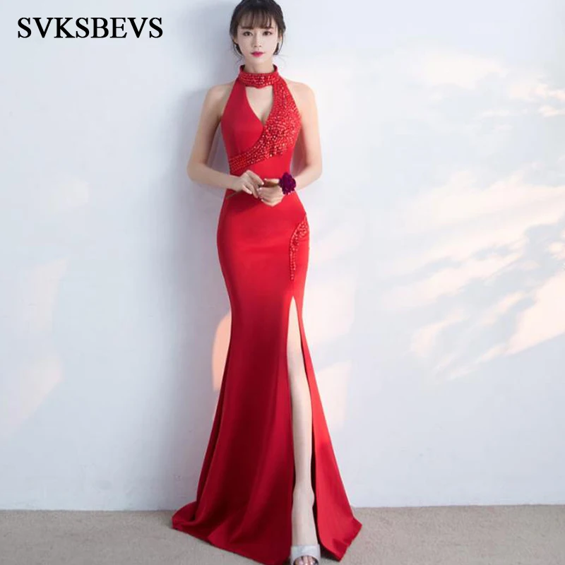 

SVKSBEVS Elegant 2019 Halter Luxury Crystal Mermaid Long Dresses Sexy Split Party Bodycon Zipper Back Maxi Dress