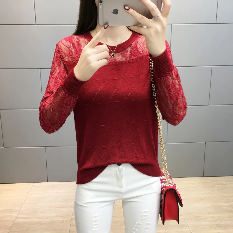 

Autumn Spring Women O-neck Knitting Patchwork Lace Sweaters Pullovers Girls Knitted Full Sleeve Knitwear Clothing Tops Women