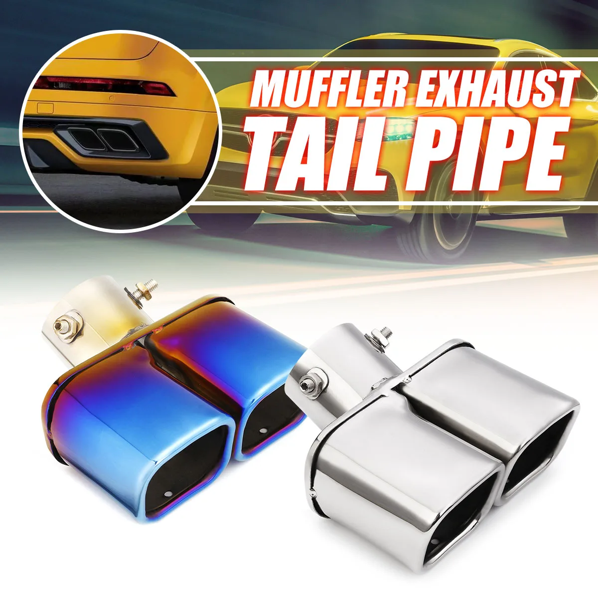 

Universal Half-Grilled Blue Stainless Steel Double Outlet Muffler Exhaust Tip End Tail Pipe square end one change two double out