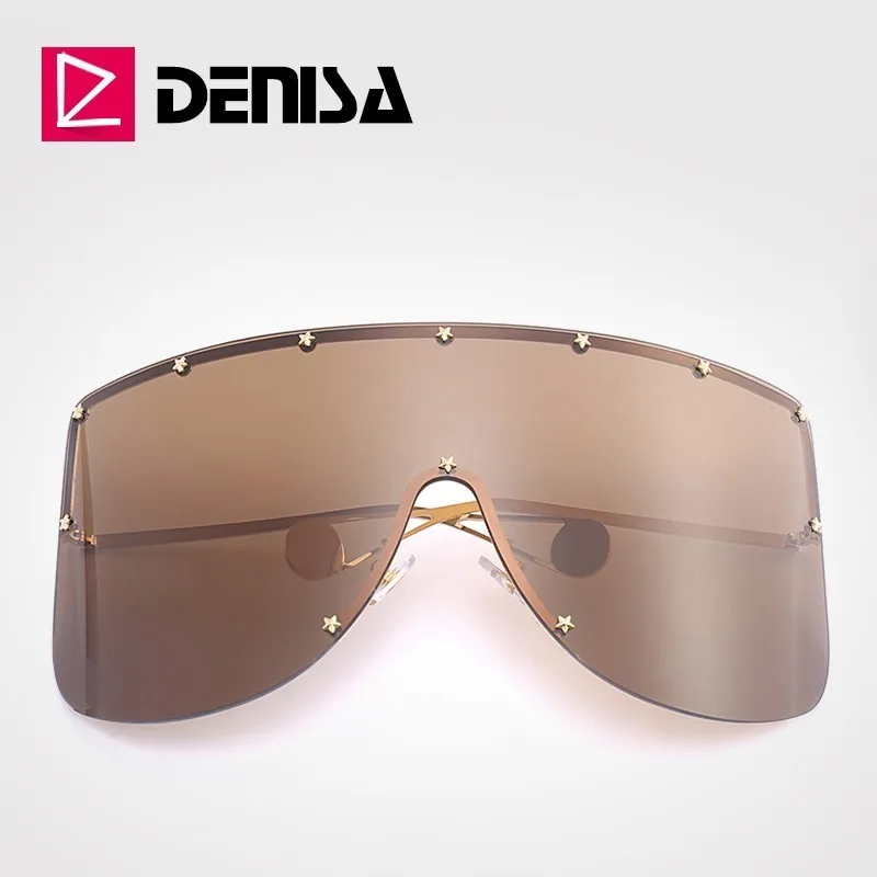 DENISA модные негабаритные солнцезащитные очки для женщин брендовые дизайнерские без оправы большие солнцезащитные очки одна линза очки Оттенки для женщин G2201