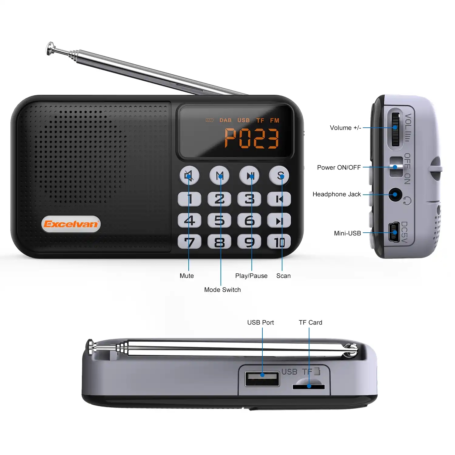 Excelvan Digital Car Radio DAB/DAB+/FM Bluetooth TF Card USB 3.5mm AUX