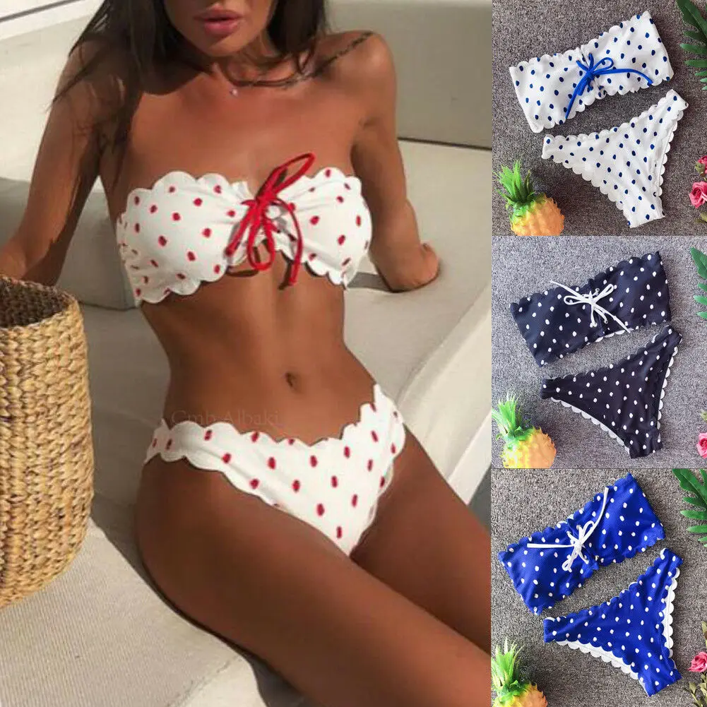 

2019 New Style Fashion Hot Women Strapless Two-Piece Suits Swimwear Bow String Dot Bikini Bathing Ruffles Swimsuit Bandage Beach