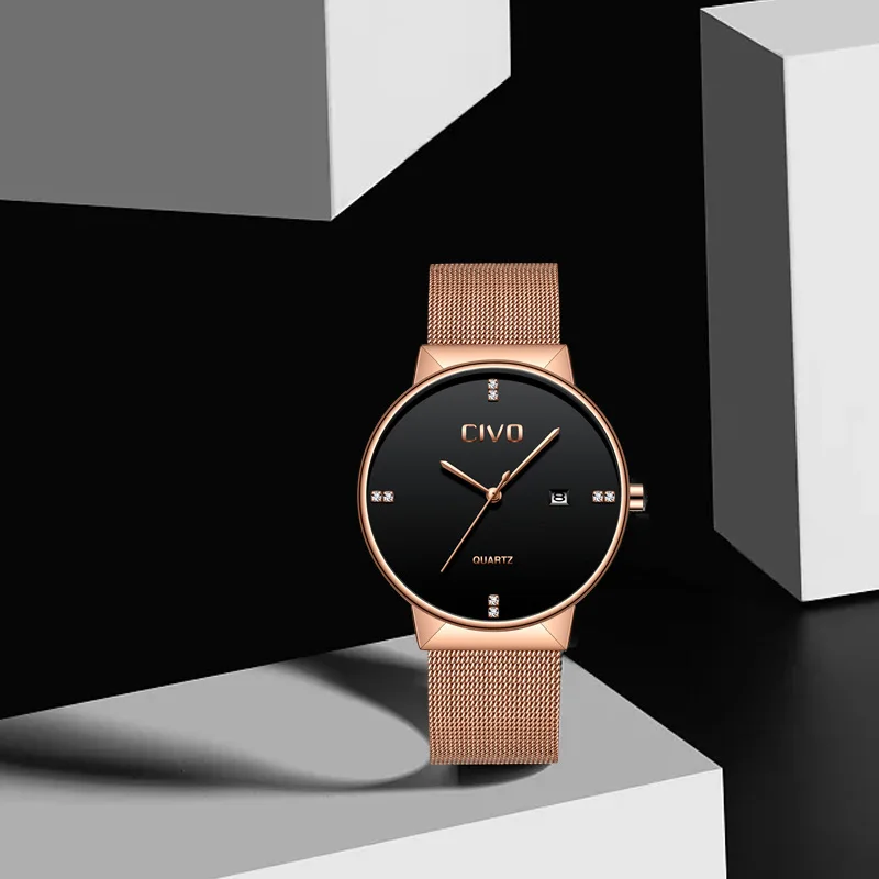 

CIVO Luxury Diamond Watch Men Waterproof Analogue Quartz Wrist Watch Stainless Steel Mesh Strap Watches Male Horloges Mannen