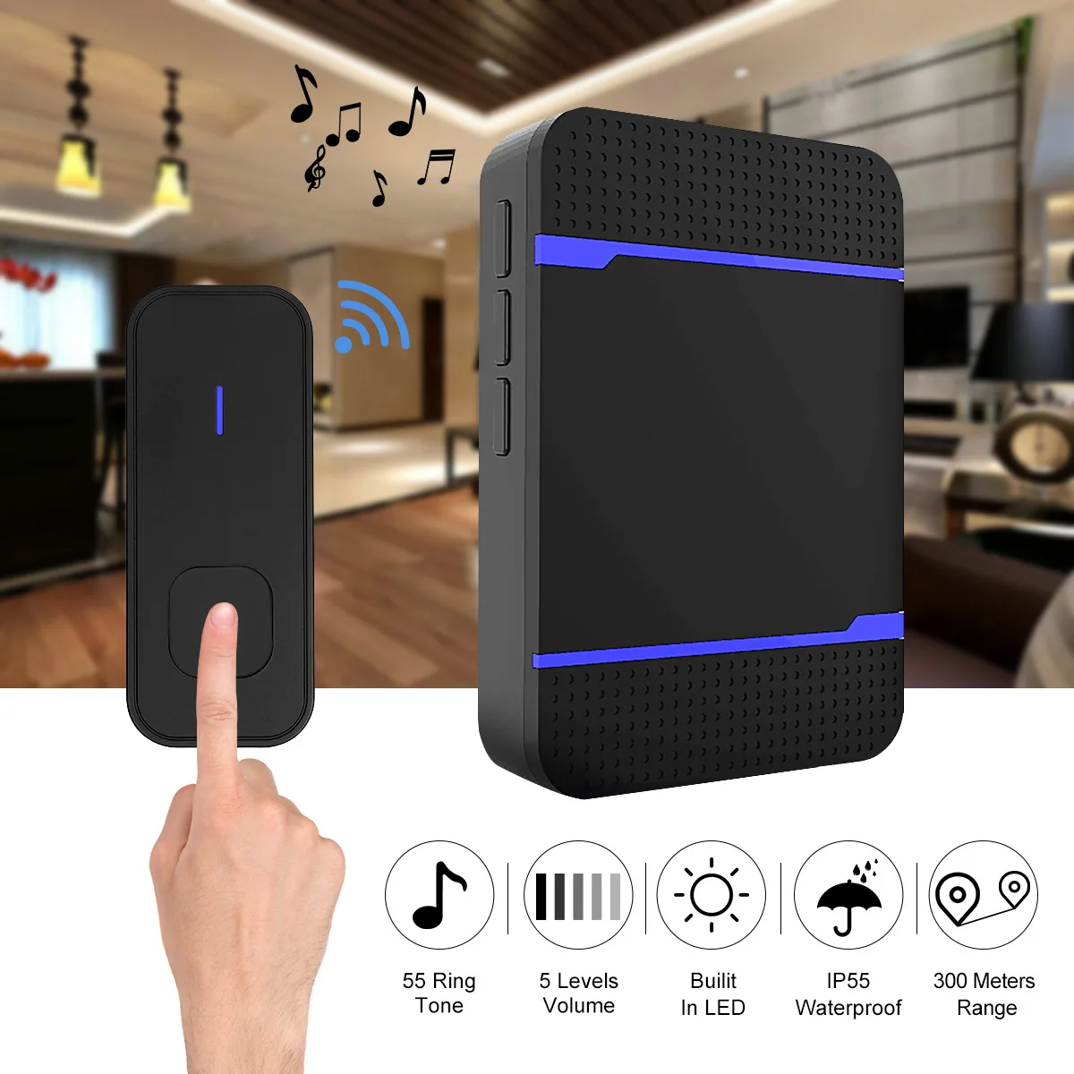 

300M LED Smart Door Bell Waterproof Wireless Doorbell Remote EU AU UK US Plug Chime battery with Chime Receiver & Transmitter