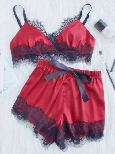 2 шт. Женская Сексуальная атласная пижама с кружевом нижнее белье Babydoll ночная