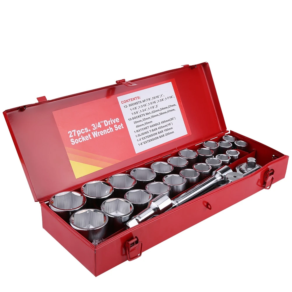

Overseas 1 Set Steel 27pcs 3/4" Drive Metric & Imperial Wrench Socket Set for Car Truck Caravan Drive Socket Spanner Wrench Set