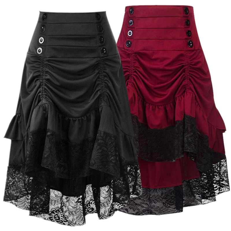 Весенние элегантные юбки с оборками, Женская кружевная юбка с высокой талией в стиле стимпанк, новые винтажные повседневные юбки, Женская юбка на пуговицах