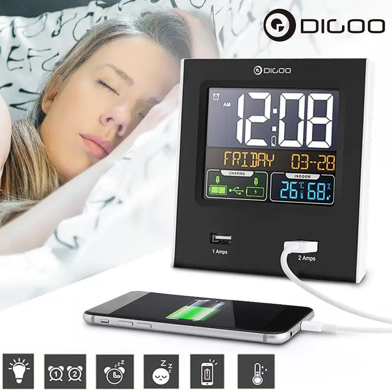 

Digoo DG-C3X Dual Alarms Snooze Clock Calendar +2 USB Port LED Backlight Temperature Humidity Weather Forecast 12hr/24hr