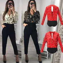 Fashion Ladies Long Sleeve Chiffon V-neck Print Backless Bodysuit Jumpsuit Casual Tops Blouse flare sleeve chiffon long blouse