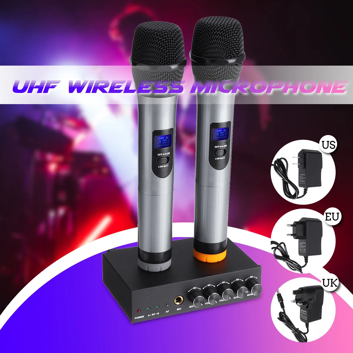 

UHF Handheld Karaoke Microphone Wireless Professional System 2 Channel Frequency Adjustable Wireless Microphone System