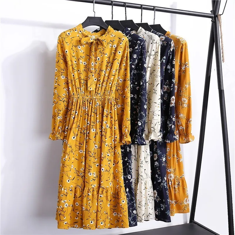 Осеннее платье с цветочным принтом шифоновое праздничное Vestido Mujer корейское