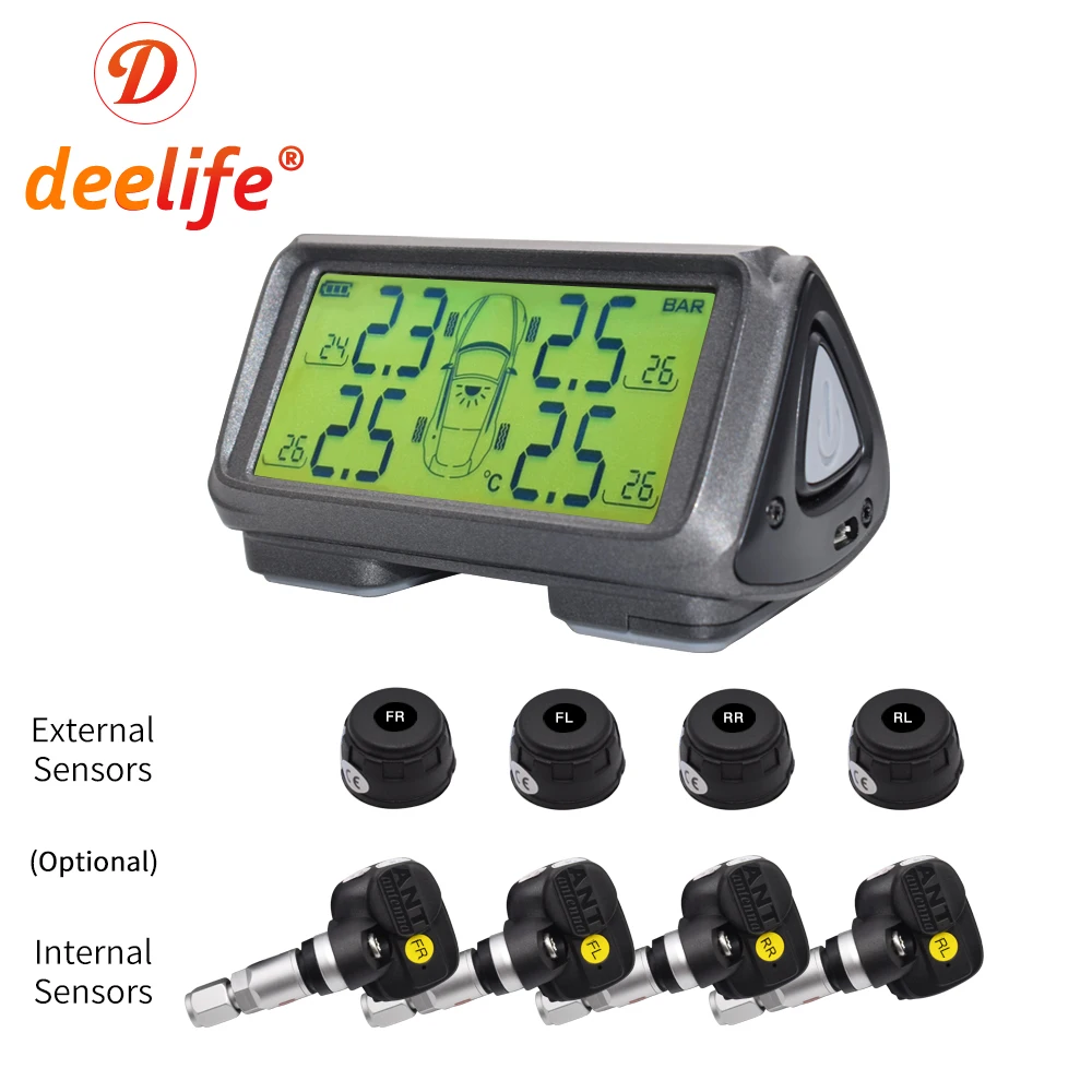 

Deelife TPMS Tire Pressure Monitoring System Car Alarm Solar / USB Charge with 4 Wheel Internal / External Tyre Pressure Sensor