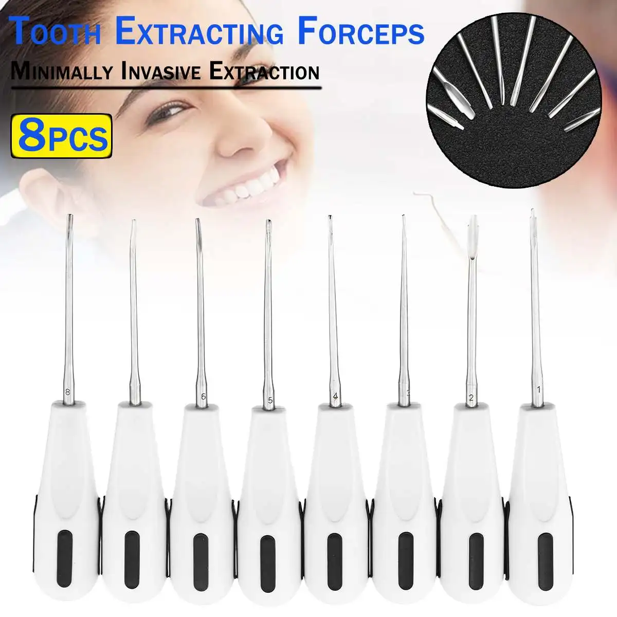 

8Pcs/Set Stainless Steel Dental Luxating Lift Elevator Curved Root Elevator Dentistry Dentist Instrument Teeth Whitening Tool