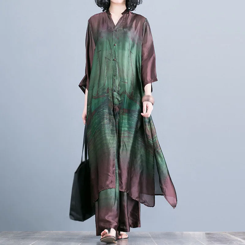 

Summer Women Long Printed Shirts Casual O Neck Button Irregular Two Piece Set Vintage Elastic Waist Wide Leg Pants Sets