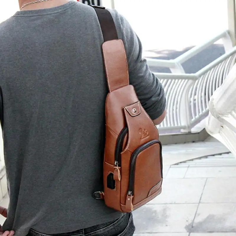 

Solid Color Shoulder Bags Men Chest Genuine Leather Travel Crossbody Bags