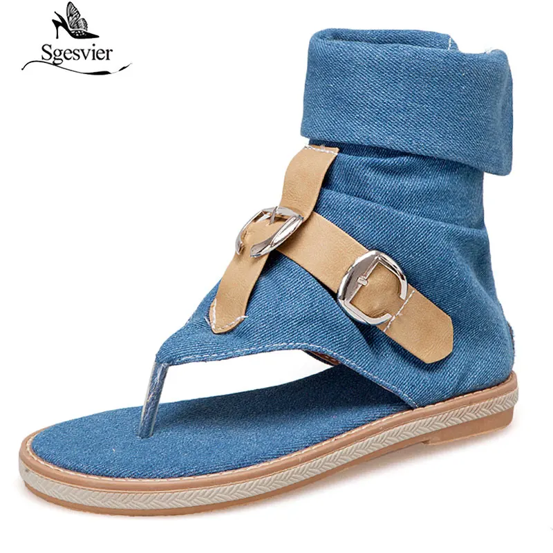

Sgesvier Summer Flat Heels Women Sandals Adult Denim Skin Zipper Platform Gladiator Sandals Blue Black Beige Shoes Woman G408