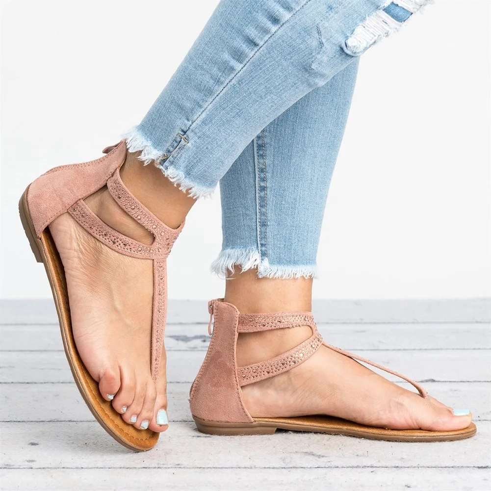

Women Peep-toe Large Size Diamond Summer Flat Zipper Sandals