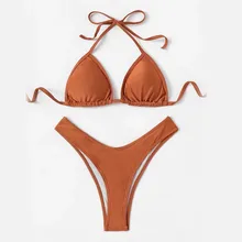 New Swimwear Women Push Up Swimsuit High Cut Halter Bikini Set Female Two Piece String Bathing Suit Lady Low Waist Swimming Wear spaghetti straps string high cut two piece swimsuit