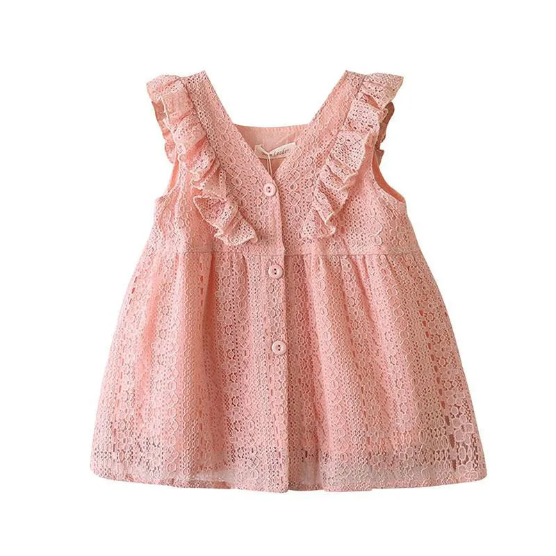 

Children Infant Kid Girl Lace Ruffles Princess Button Hollow V-Neck Sleeveless Dress Clothes Little Girl Dresses Summer Vestidos